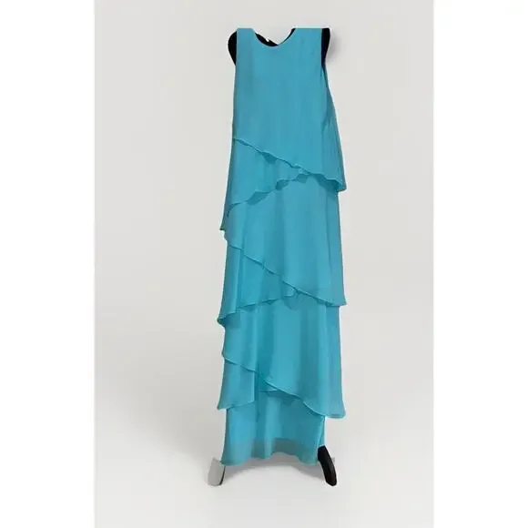 VTG 80s Ursula of Switzerland Mother Of Bride 16w Aqua Gown Tiered Sleeveless - Picture 4 of 9